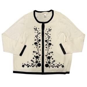 Vintage Maurada Embroidered Cardigan Cream Black Trim Floral Preppy 2X Office